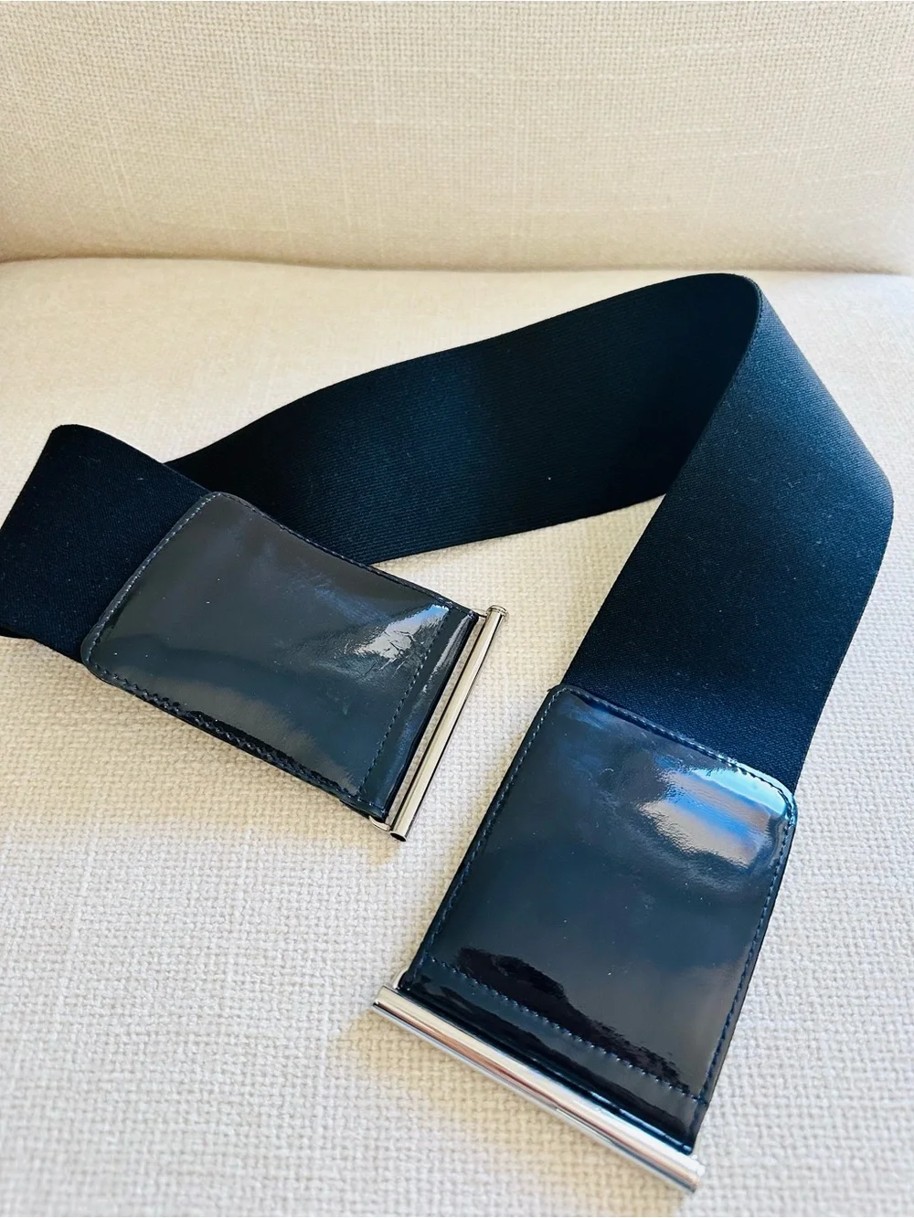 Eugenia Kim Black Patent Wide Waist Belt with Silver Bar / Size M